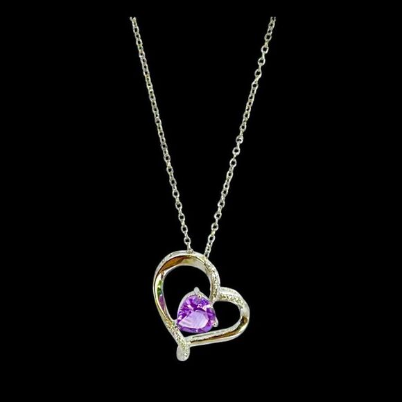 NV#2  Amethyst & CZ Heart & Sterling 925 Silver Necklace - Picture 7 of 11